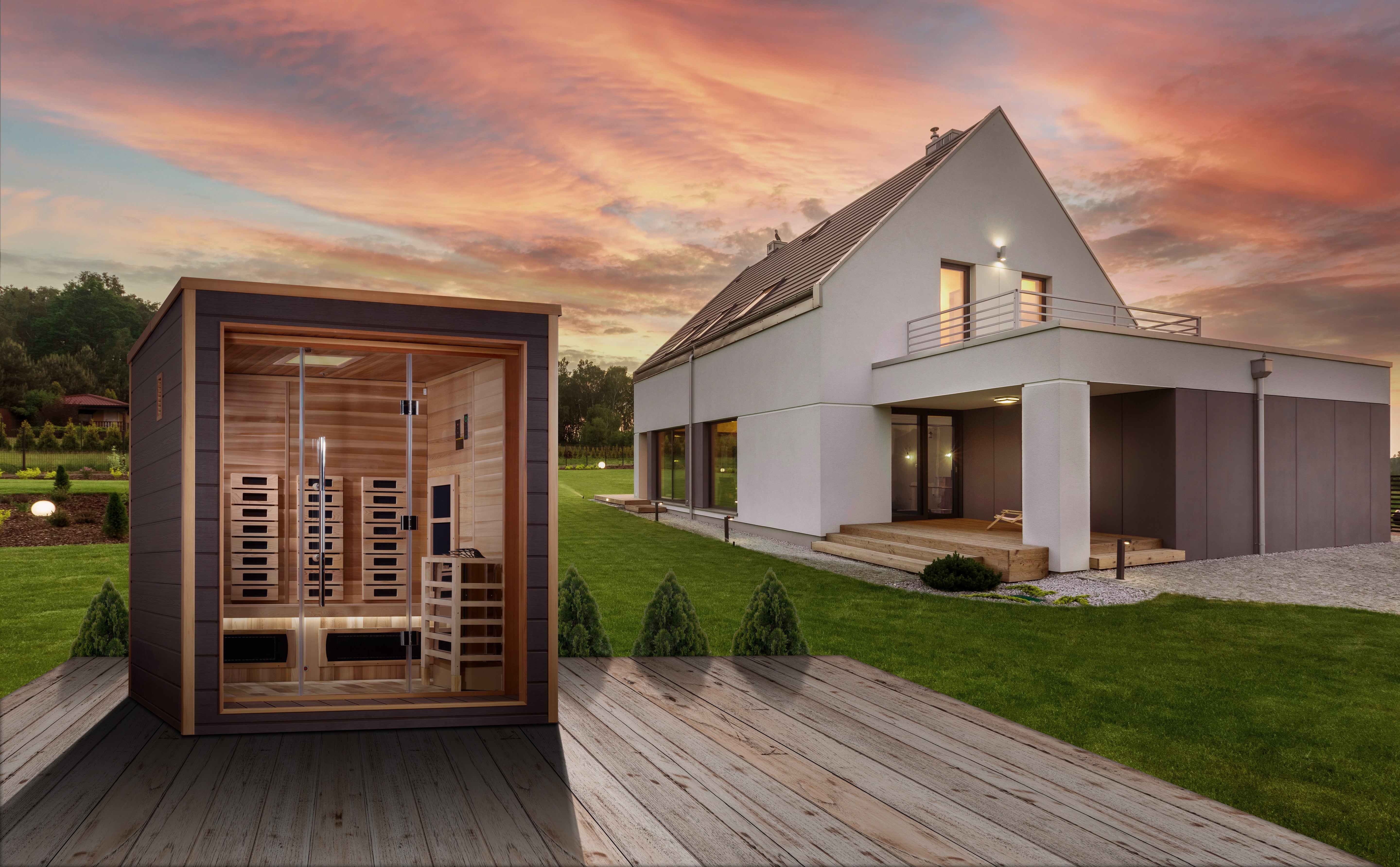 Golden Designs Visby 3 Person Hybrid (PureTech™ Full Spectrum IR or Traditional Stove) Outdoor Sauna (GDI-8223-01) - Canadian Red Cedar Interior (GDI-8223-01)