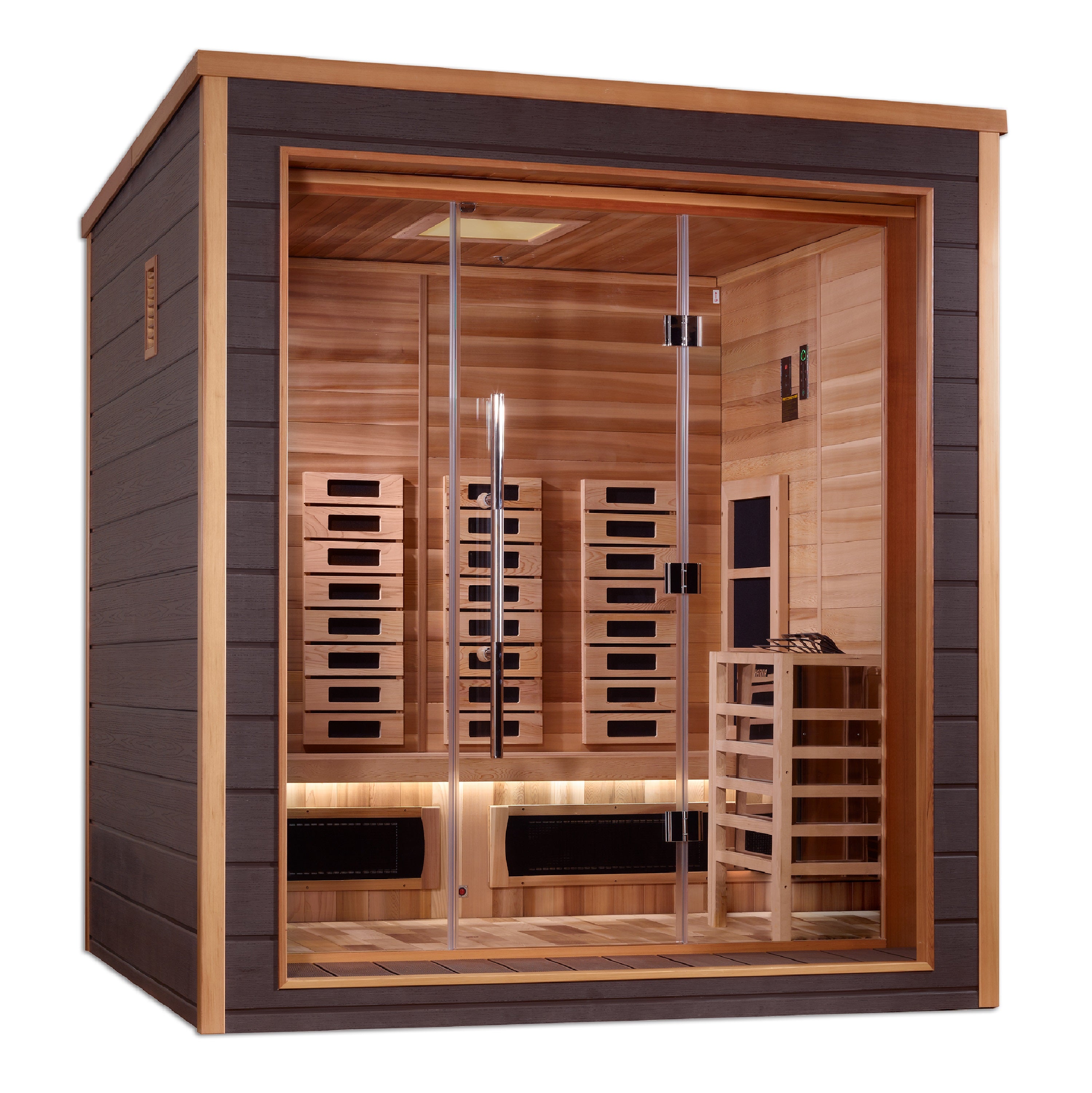 Golden Designs Visby 3 Person Hybrid (PureTech™ Full Spectrum IR or Traditional Stove) Outdoor Sauna (GDI-8223-01) - Canadian Red Cedar Interior (GDI-8223-01)