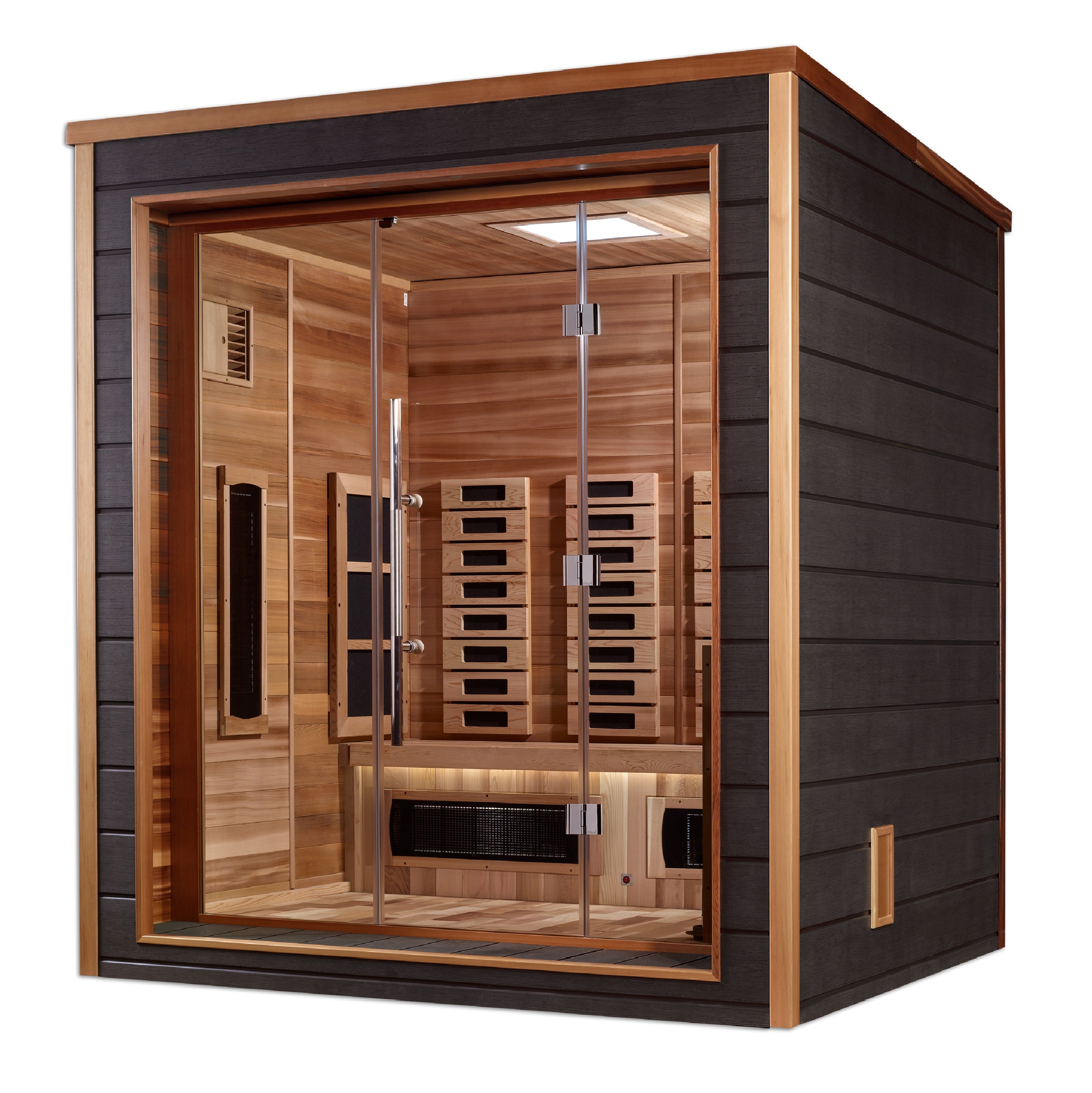 Golden Designs Visby 3 Person Hybrid (PureTech™ Full Spectrum IR or Traditional Stove) Outdoor Sauna (GDI-8223-01) - Canadian Red Cedar Interior (GDI-8223-01)