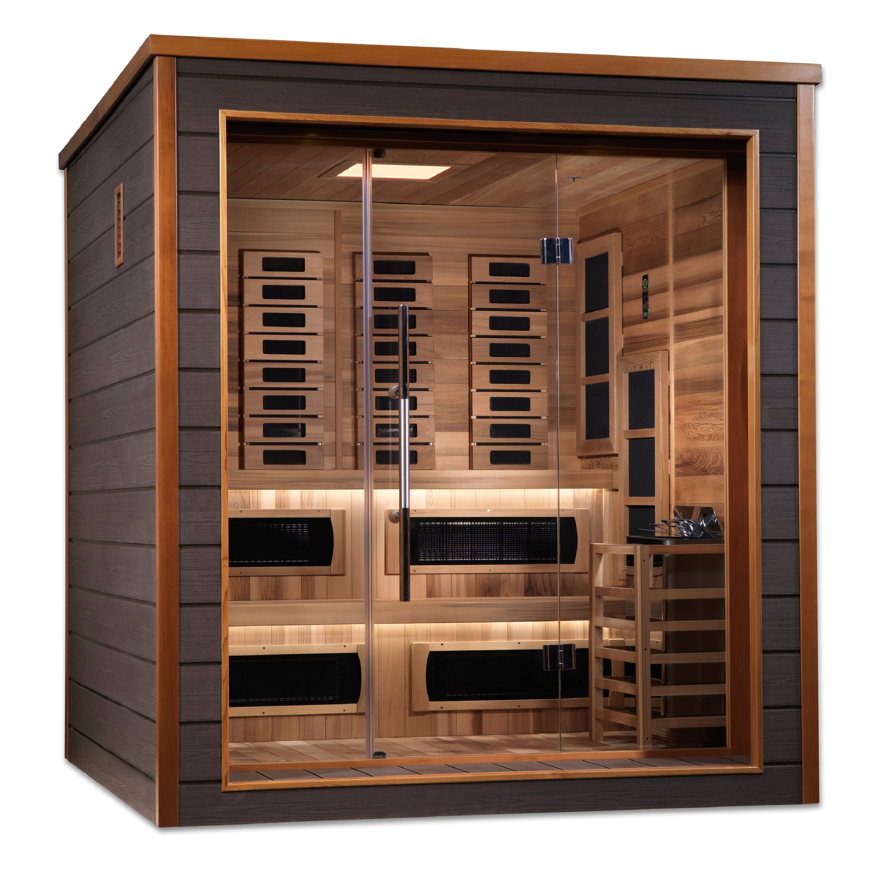 Golden Designs Karlstad 6 Person Hybrid (PureTech™ Full Spectrum IR or Traditional Stove) Outdoor Sauna (GDI-8226-01) - Canadian Red Cedar Interior (GDI-8226-01)