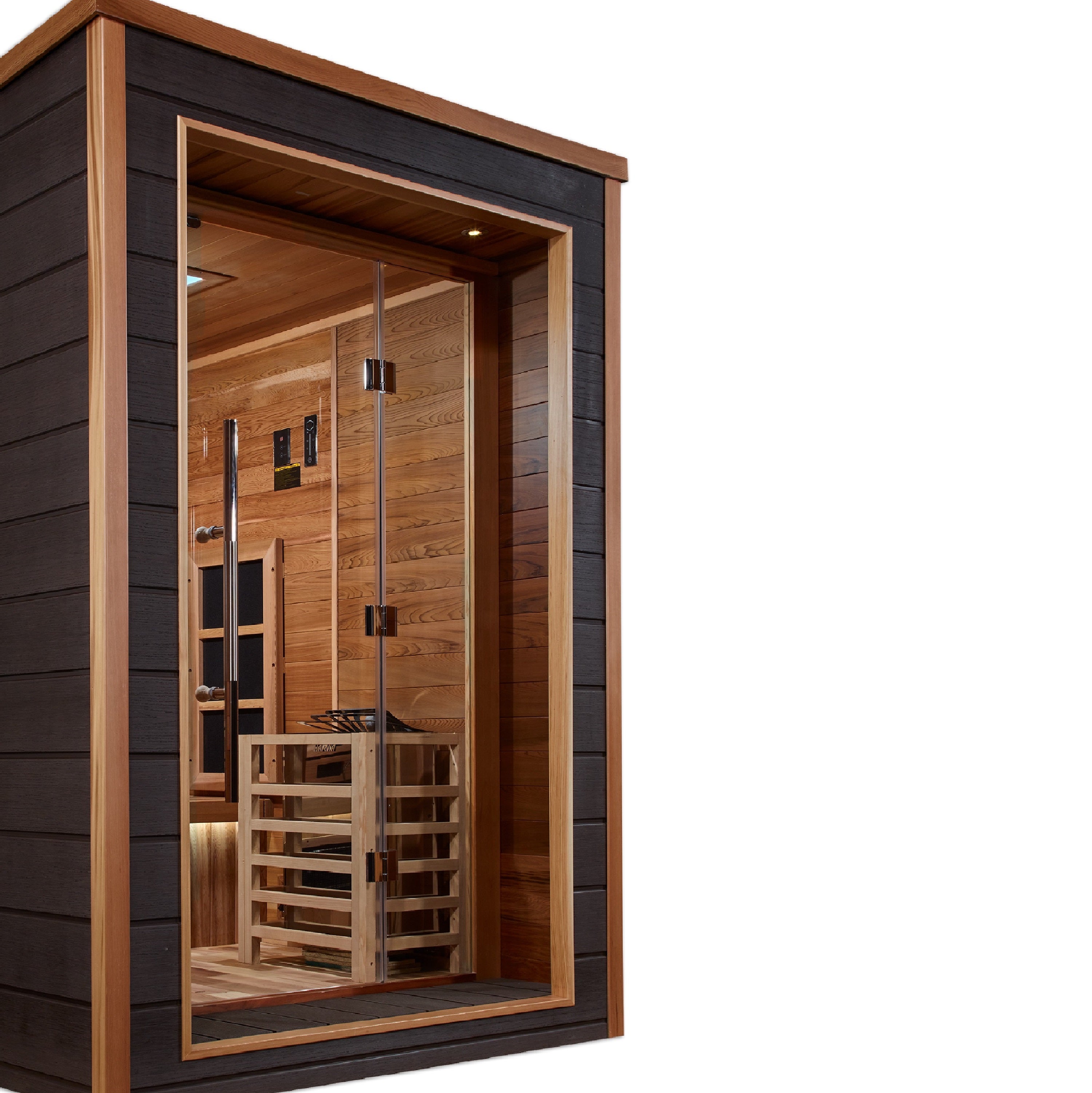 Golden Designs Karlstad 6 Person Hybrid (PureTech™ Full Spectrum IR or Traditional Stove) Outdoor Sauna (GDI-8226-01) - Canadian Red Cedar Interior (GDI-8226-01)