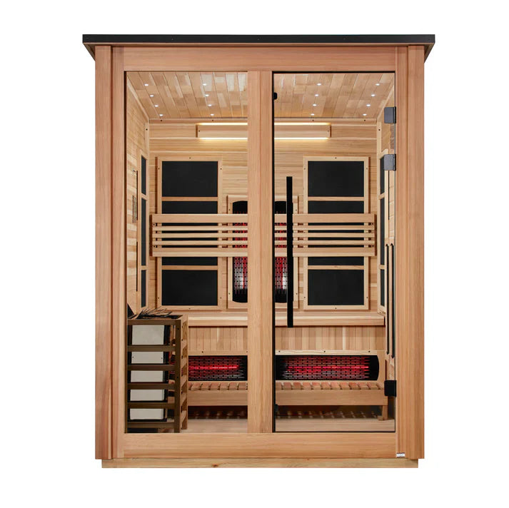 Golden Designs Loviisa 3 Person Hybrid (PureTech™ Full Spectrum IR or Traditional Stove) Outdoor Sauna (GDI-8523-02) - Canadian Red Cedar Interior, Pacific Cedar Finish (GDI-8523-02)