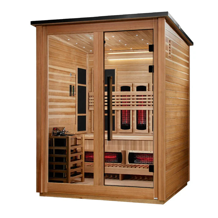 Golden Designs Loviisa 3 Person Hybrid (PureTech™ Full Spectrum IR or Traditional Stove) Outdoor Sauna (GDI-8523-02) - Canadian Red Cedar Interior, Pacific Cedar Finish (GDI-8523-02)