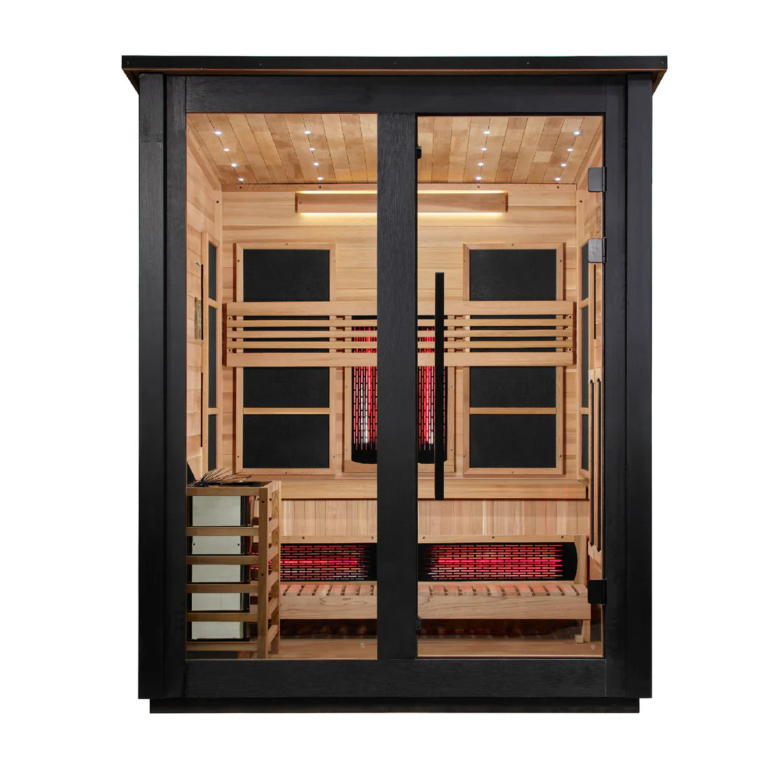 Golden Designs Loviisa 3 Person Hybrid (PureTech™ Full Spectrum IR or Traditional Stove) Outdoor Sauna (GDI-8523-03) - Canadian Red Cedar Interior, 2 Tone Finish (GDI-8523-03)