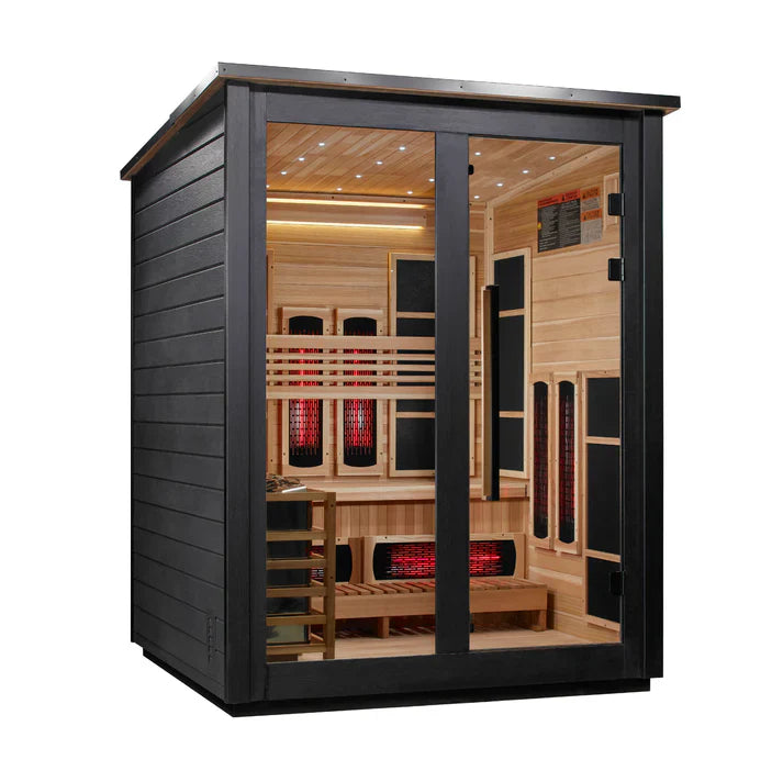 Golden Designs Loviisa 3 Person Hybrid (PureTech™ Full Spectrum IR or Traditional Stove) Outdoor Sauna (GDI-8523-04) - Canadian Red Cedar Interior, Black Finish (GDI-8523-04)