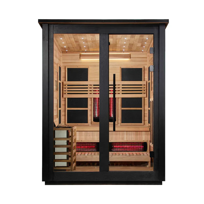 Golden Designs Loviisa 3 Person Hybrid (PureTech™ Full Spectrum IR or Traditional Stove) Outdoor Sauna (GDI-8523-04) - Canadian Red Cedar Interior, Black Finish (GDI-8523-04)