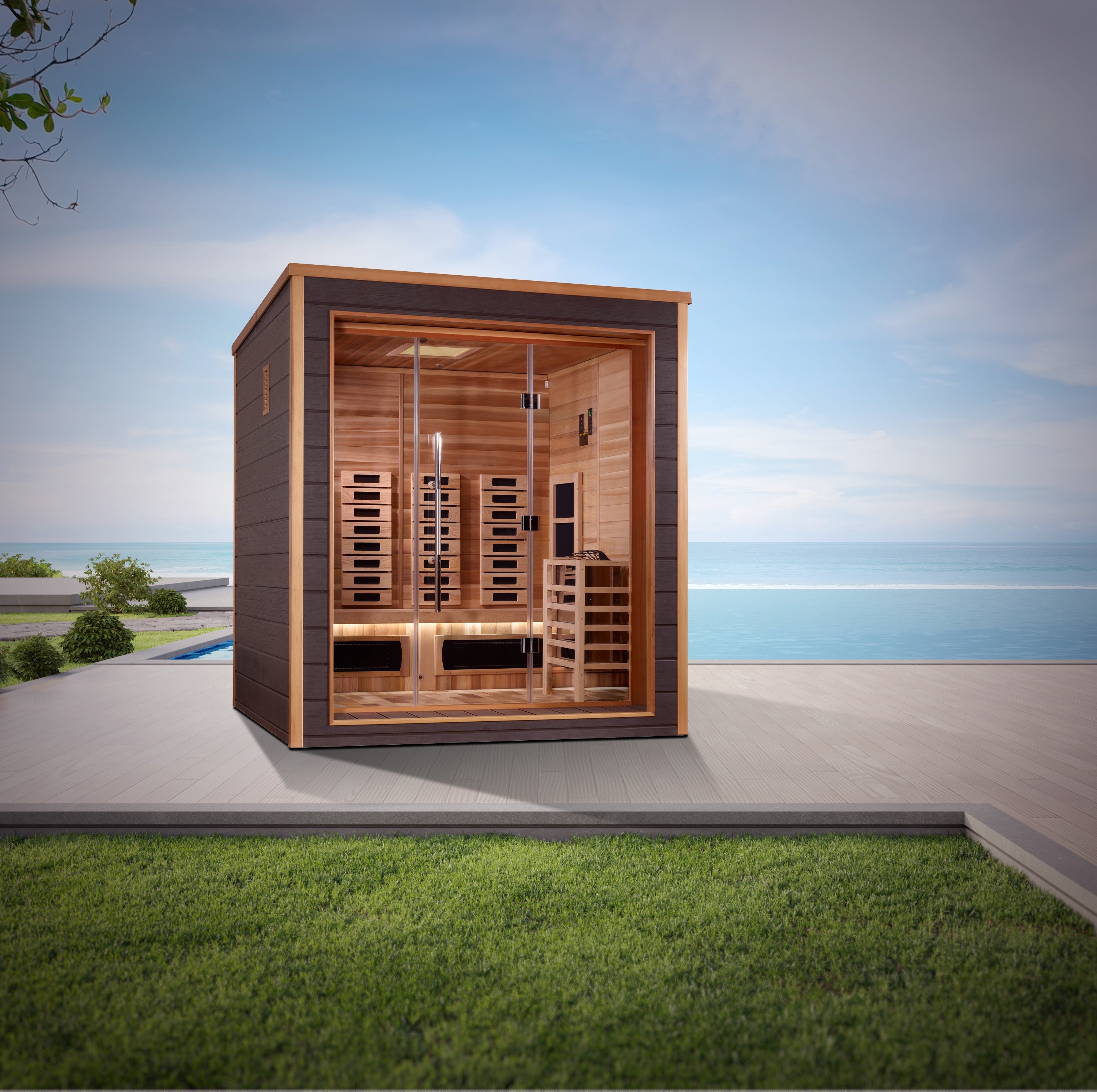 Golden Designs Visby 3 Person Hybrid (PureTech™ Full Spectrum IR or Traditional Stove) Outdoor Sauna (GDI-8223-01) - Canadian Red Cedar Interior (GDI-8223-01)