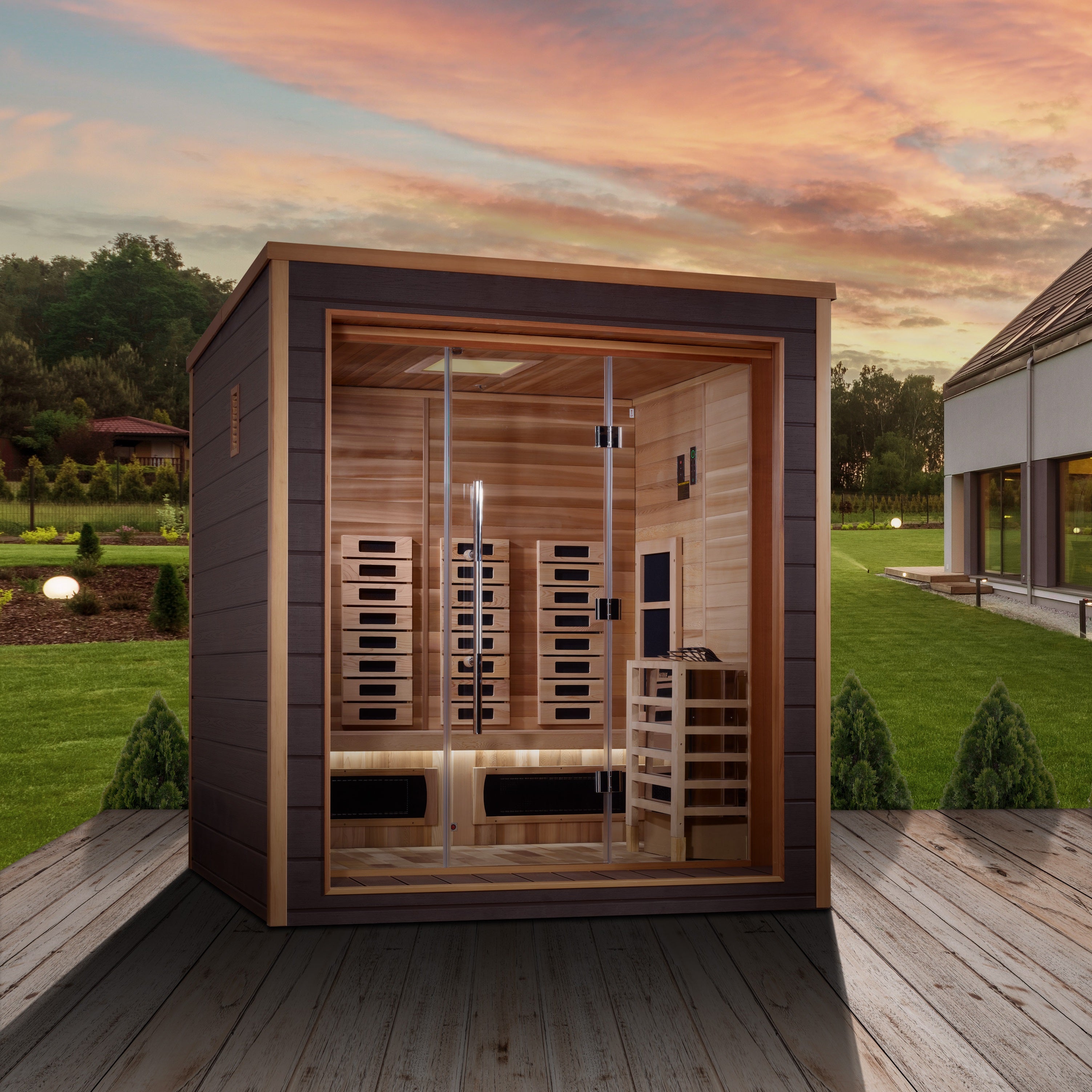 Golden Designs Visby 3 Person Hybrid (PureTech™ Full Spectrum IR or Traditional Stove) Outdoor Sauna (GDI-8223-01) - Canadian Red Cedar Interior (GDI-8223-01)