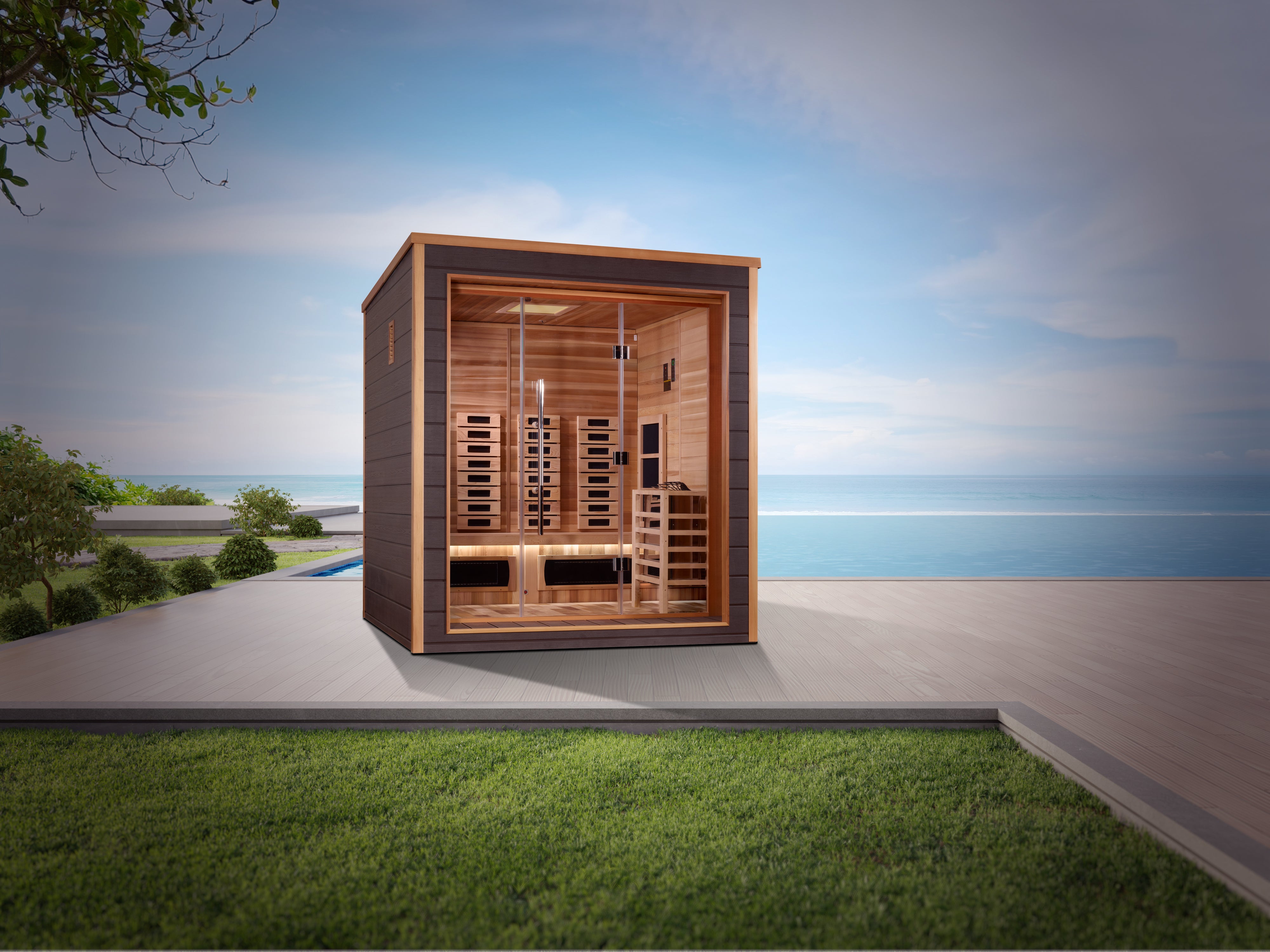 Golden Designs Visby 3 Person Hybrid (PureTech™ Full Spectrum IR or Traditional Stove) Outdoor Sauna (GDI-8223-01) - Canadian Red Cedar Interior (GDI-8223-01)