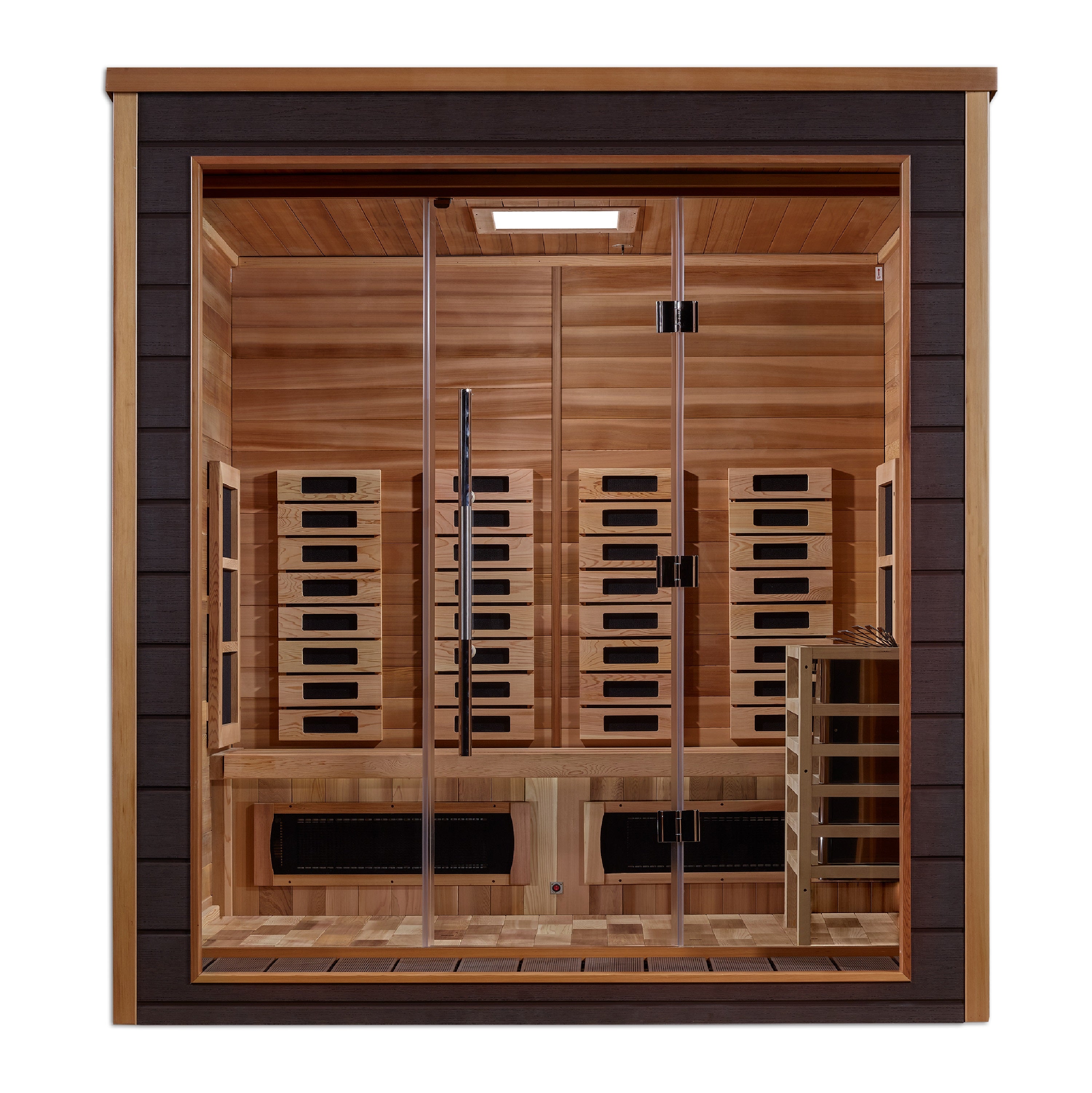 Golden Designs Visby 3 Person Hybrid (PureTech™ Full Spectrum IR or Traditional Stove) Outdoor Sauna (GDI-8223-01) - Canadian Red Cedar Interior (GDI-8223-01)