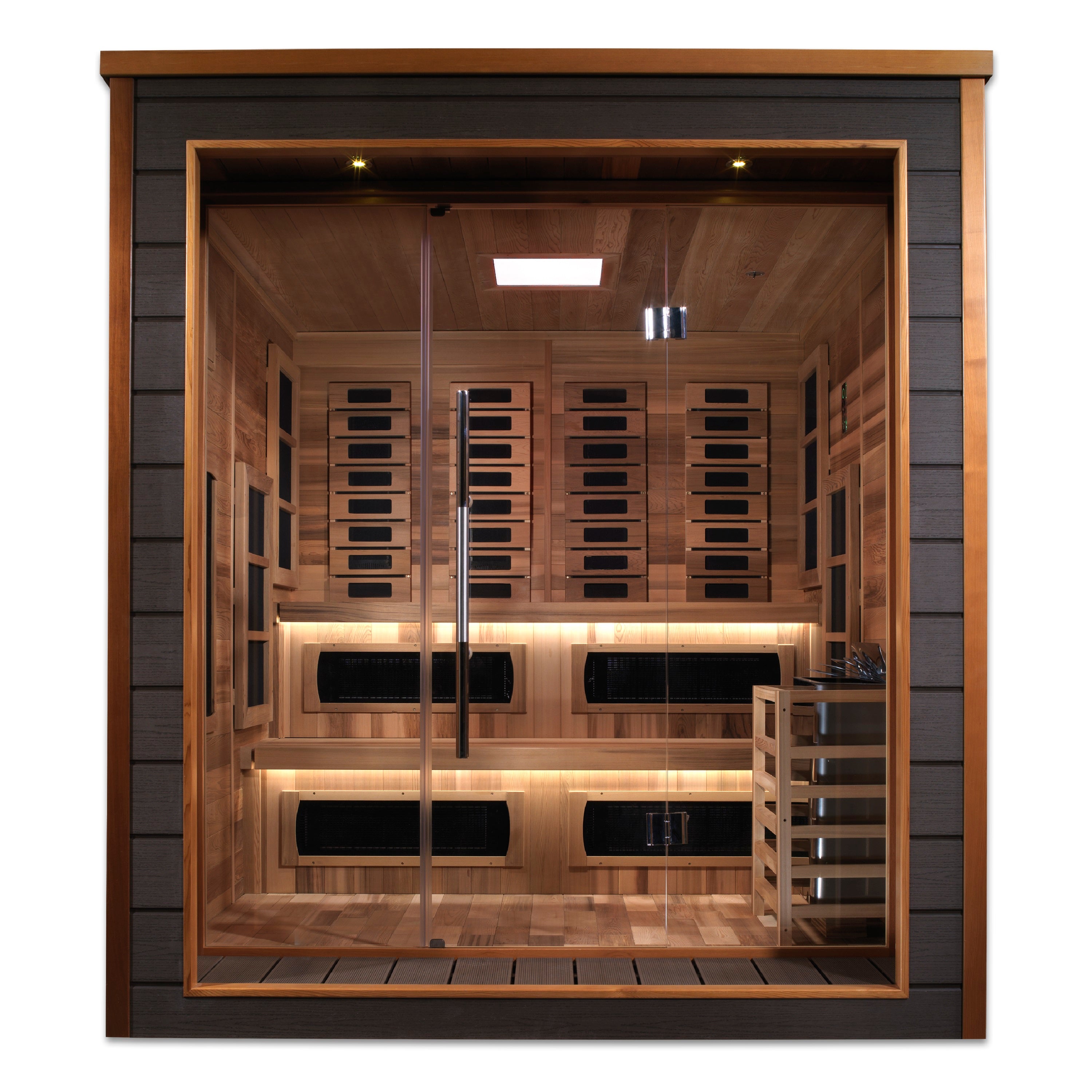 Golden Designs Karlstad 6 Person Hybrid (PureTech™ Full Spectrum IR or Traditional Stove) Outdoor Sauna (GDI-8226-01) - Canadian Red Cedar Interior (GDI-8226-01)