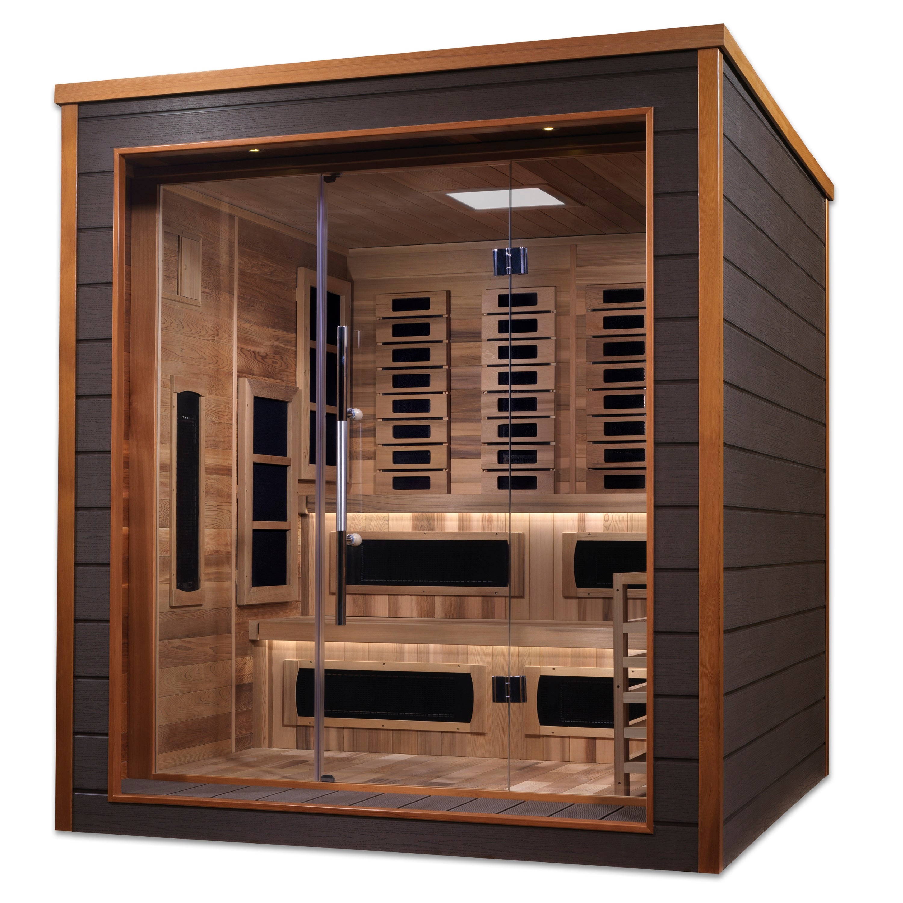 Golden Designs Karlstad 6 Person Hybrid (PureTech™ Full Spectrum IR or Traditional Stove) Outdoor Sauna (GDI-8226-01) - Canadian Red Cedar Interior (GDI-8226-01)