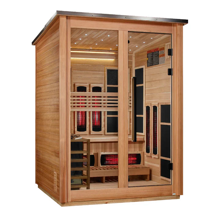 Golden Designs Loviisa 3 Person Hybrid (PureTech™ Full Spectrum IR or Traditional Stove) Outdoor Sauna (GDI-8523-02) - Canadian Red Cedar Interior, Pacific Cedar Finish (GDI-8523-02)