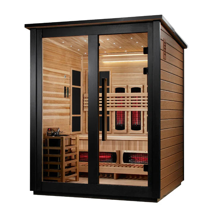 Golden Designs Loviisa 3 Person Hybrid (PureTech™ Full Spectrum IR or Traditional Stove) Outdoor Sauna (GDI-8523-03) - Canadian Red Cedar Interior, 2 Tone Finish (GDI-8523-03)