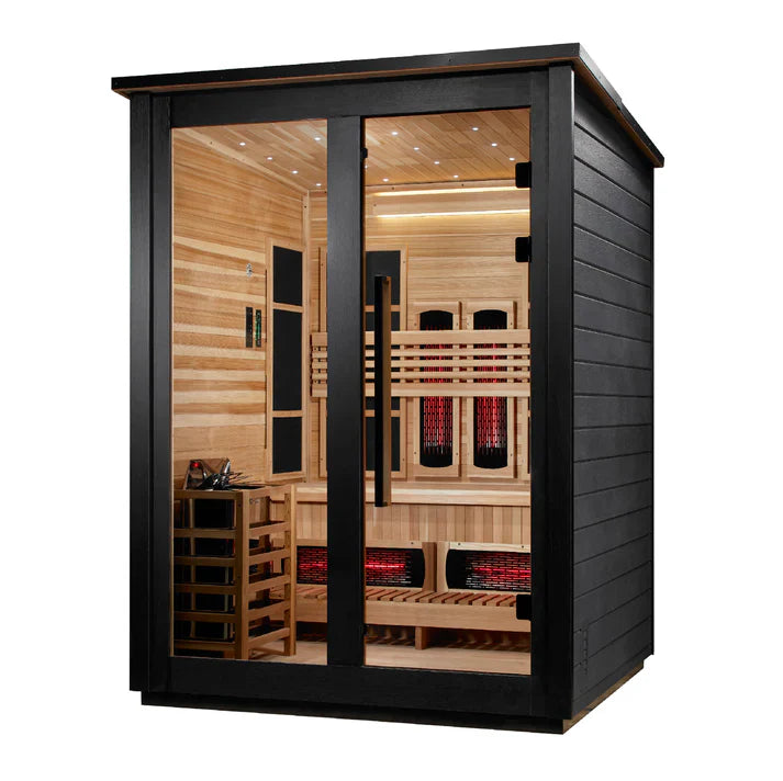 Golden Designs Loviisa 3 Person Hybrid (PureTech™ Full Spectrum IR or Traditional Stove) Outdoor Sauna (GDI-8523-04) - Canadian Red Cedar Interior, Black Finish (GDI-8523-04)