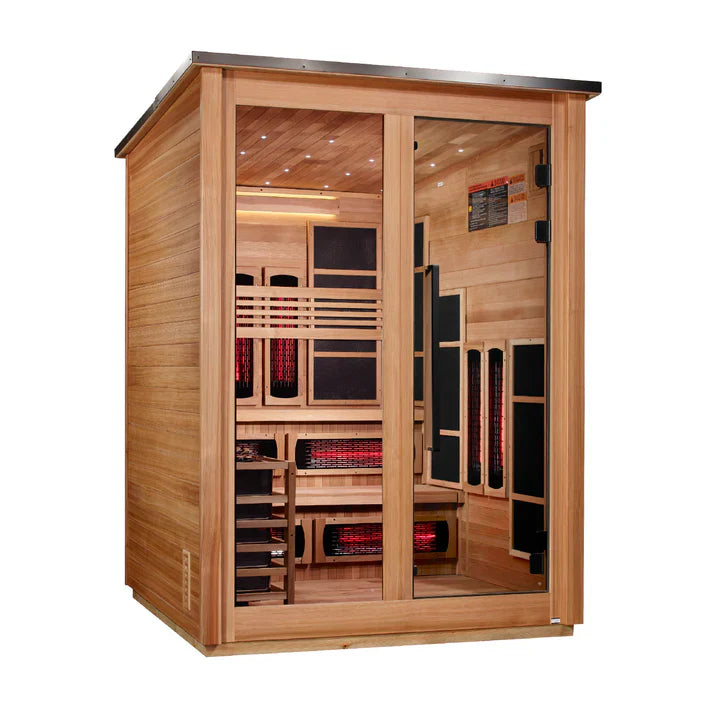 Golden Designs Kaskinen 6 Person Hybrid (PureTech™ Full Spectrum IR or Traditional Stove) Outdoor Sauna (GDI-8526-02) - Canadian Red Cedar Interior, Pacific Cedar Finish (GDI-8526-02)