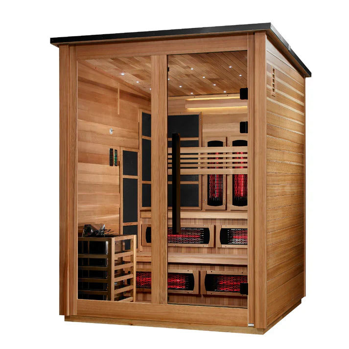 Golden Designs Kaskinen 6 Person Hybrid (PureTech™ Full Spectrum IR or Traditional Stove) Outdoor Sauna (GDI-8526-02) - Canadian Red Cedar Interior, Pacific Cedar Finish (GDI-8526-02)